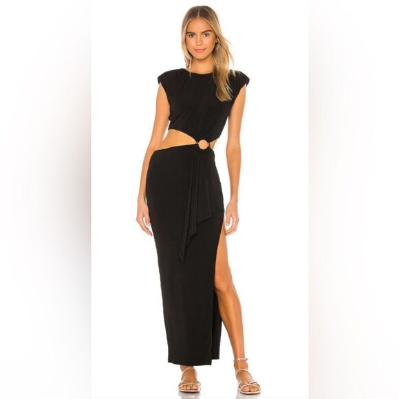 Lovers and Friends Encore Dress in Black Midriff Cut Out Shoulder Pads Maxi XS - Picture 2 of 12